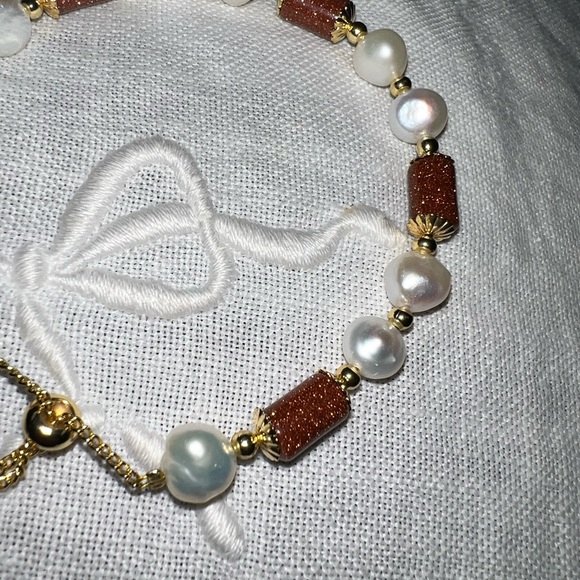 🆕 FRESHWATER PEARLS & GOLDEN SANDSTONE ADJUSTABLE BRACELET 14k CLAD - Picture 5 of 6